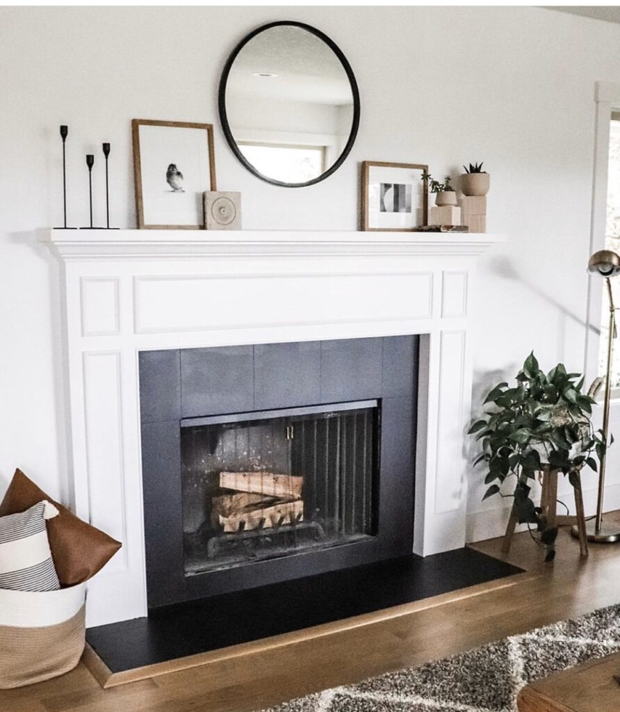 black and white painted tile fireplace update