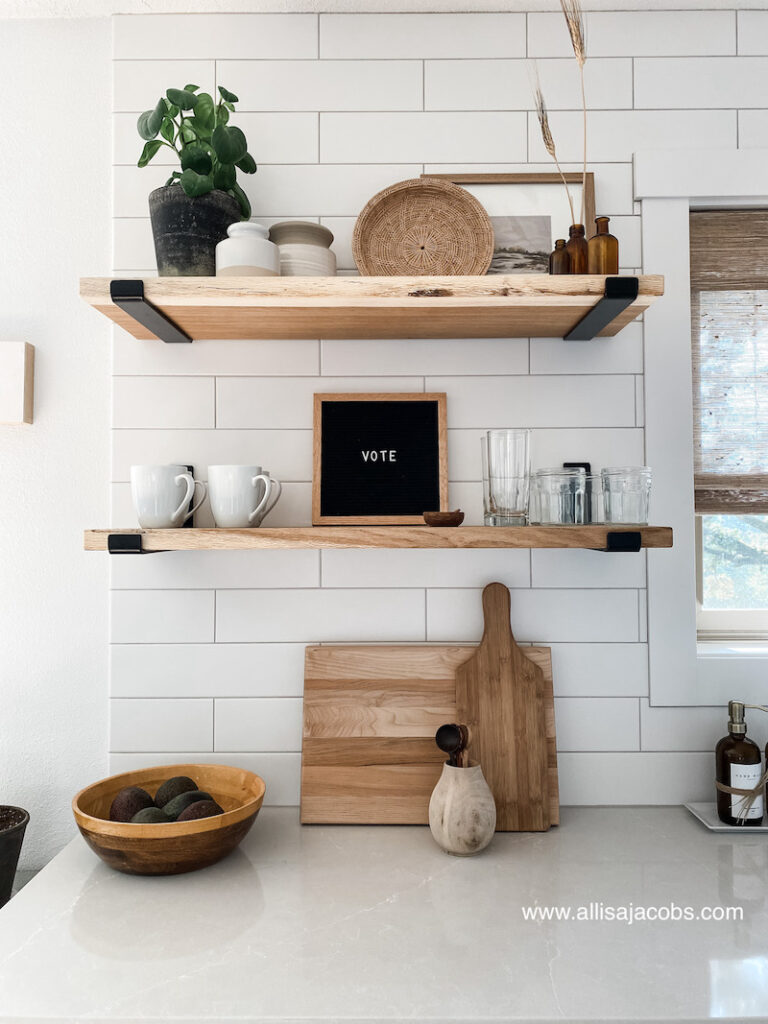 kitchen wood shelves with neutral decor