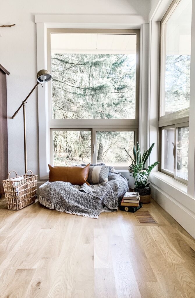picture windows without coverings for a reading nook