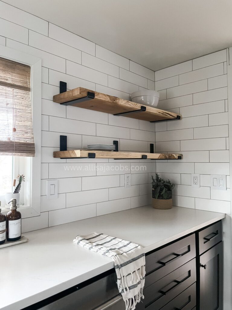 allisa jacobs kitchen shelves and white subway tile