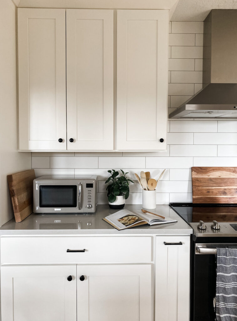 vintage inspired microwave and white kitchen