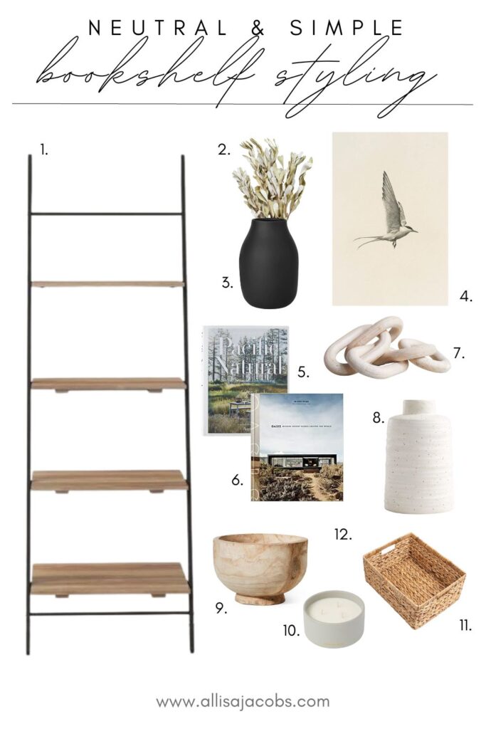 neutral bookshelf styling decor pieces