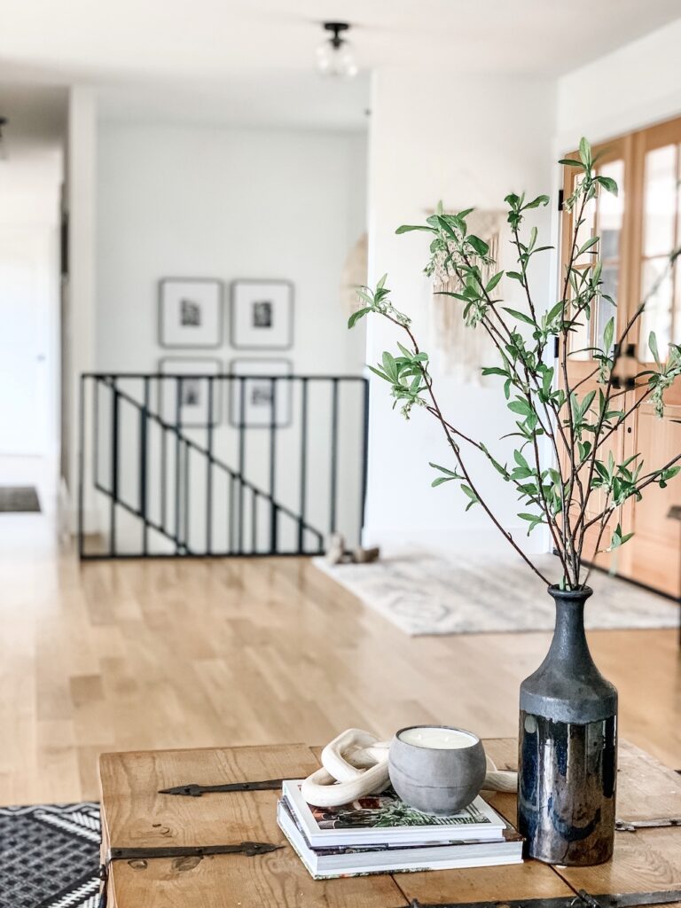 living room styling with vases and branches