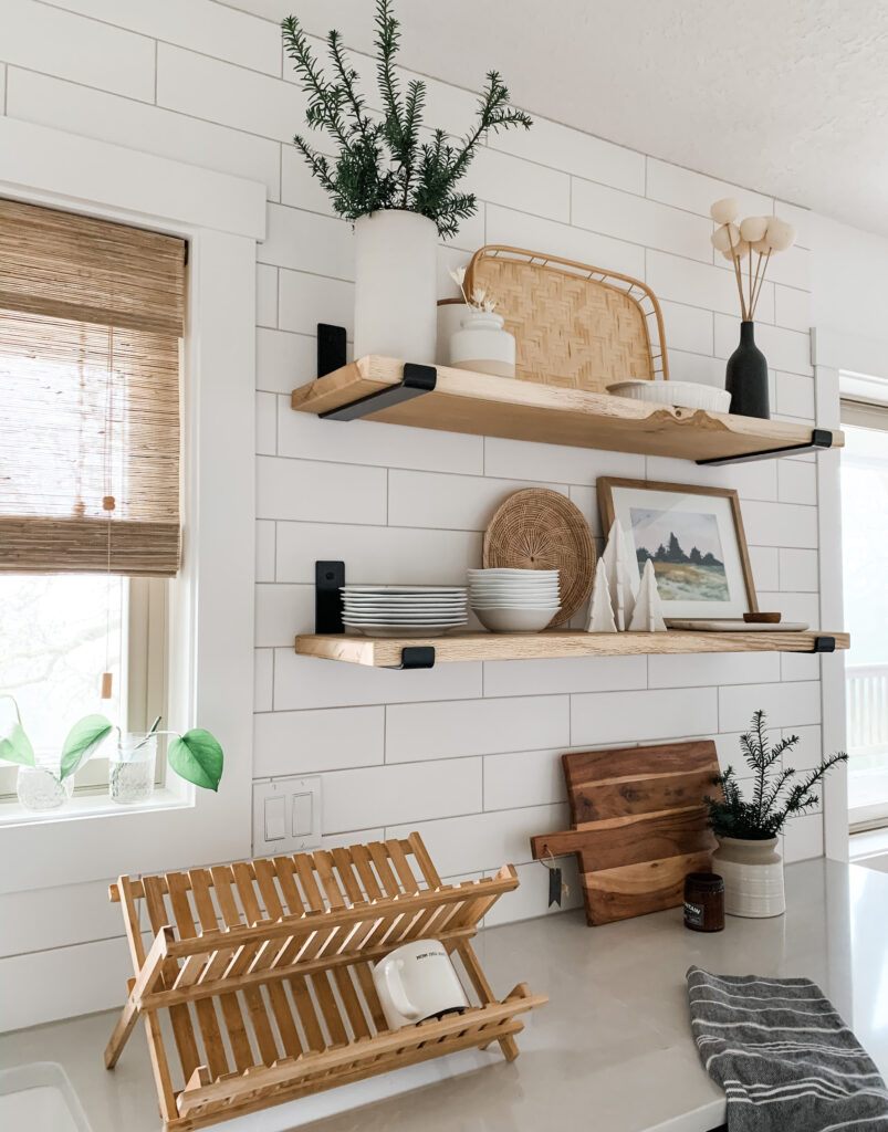 kitchen with wood shelf styling for the holidays