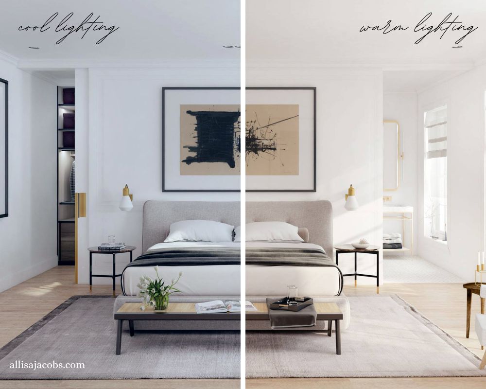 cool vs warm lighting in a bedroom - allisa jacobs designs