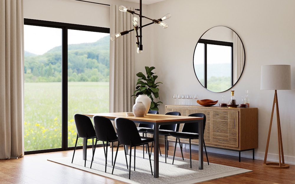 dining room with table, chairs, and linen window treatments