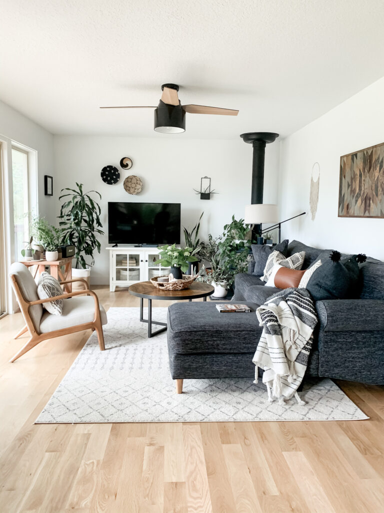 family room with white oak hardwood floors