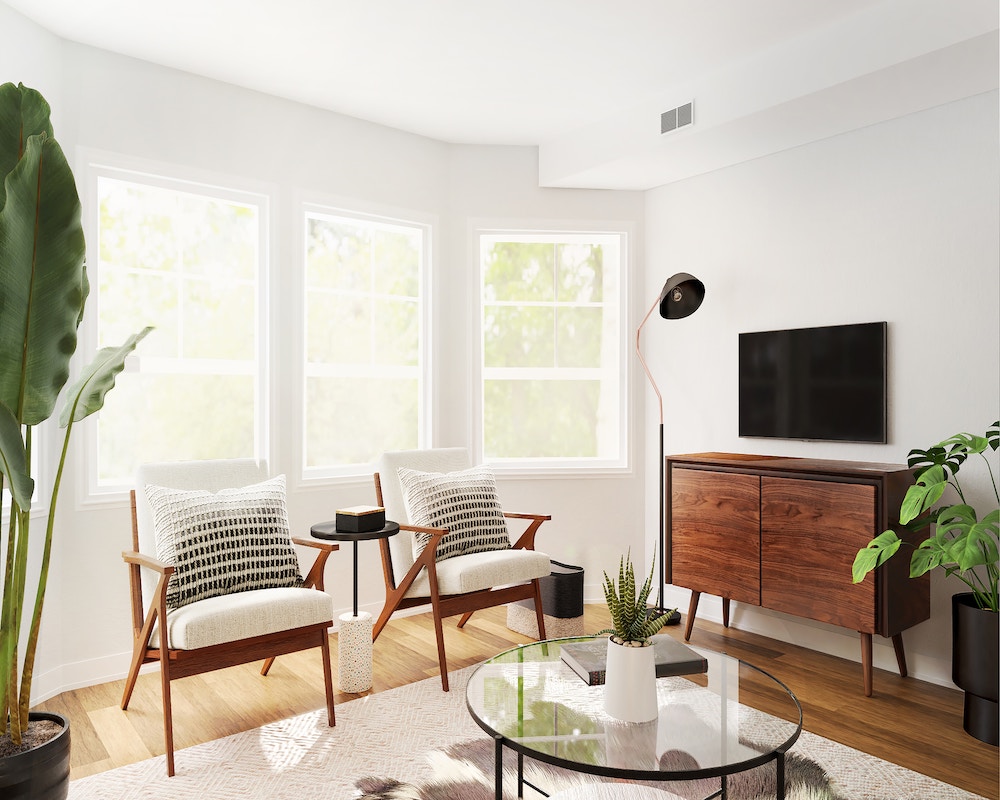 living room with correct area rug size and furniture