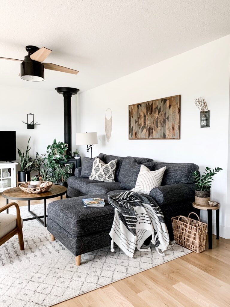living room with couch, rugs, art work, and plants