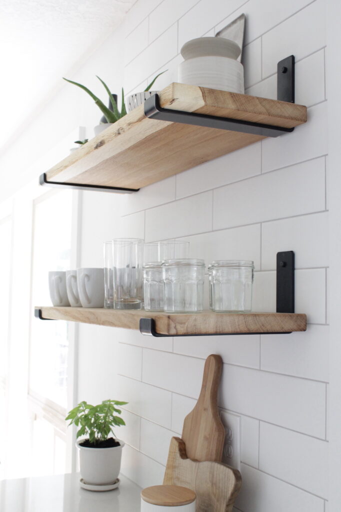 kitchen shelves with black brackets