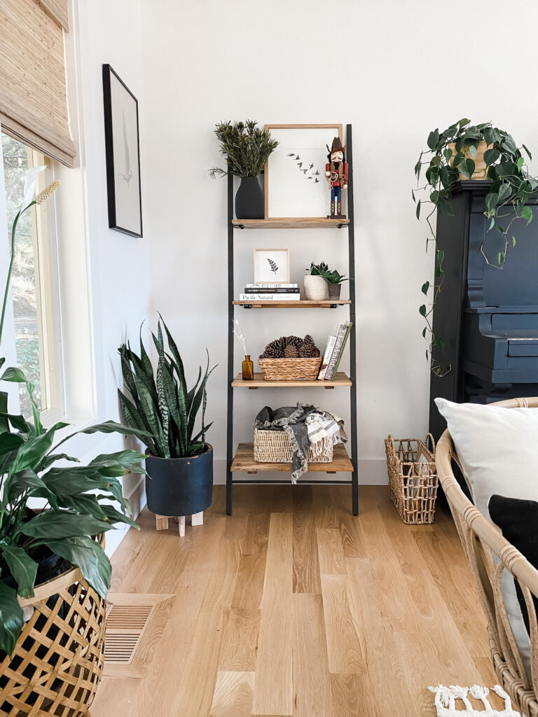 book shelf with holiday shelf styling