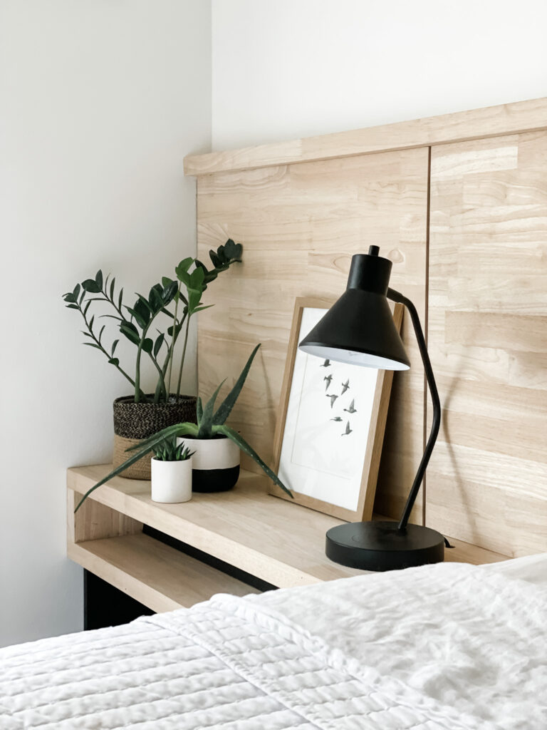 small home decor with plants, art, and lamp