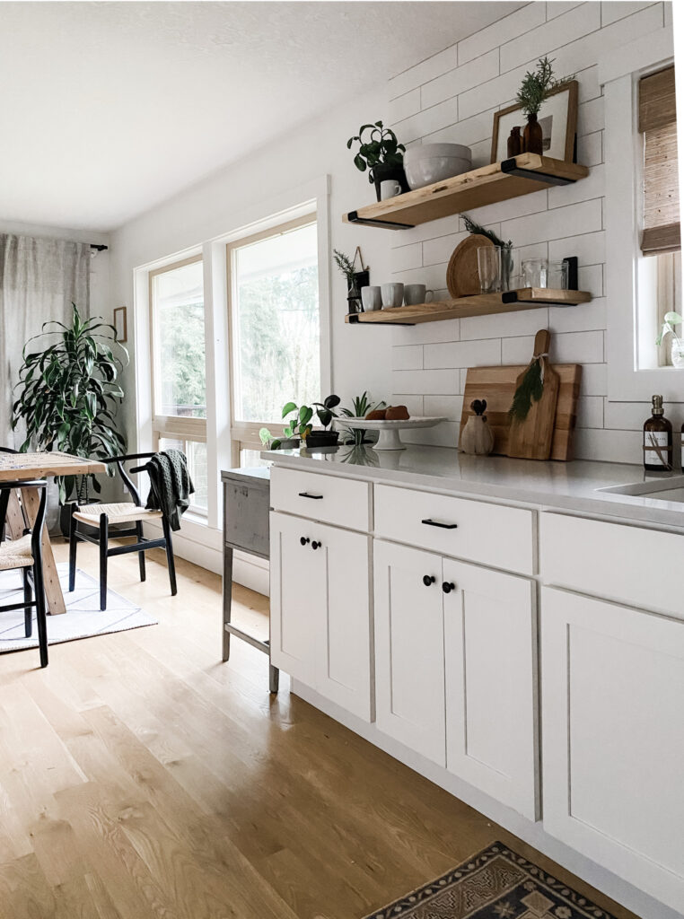 white kitchen with winter decor items