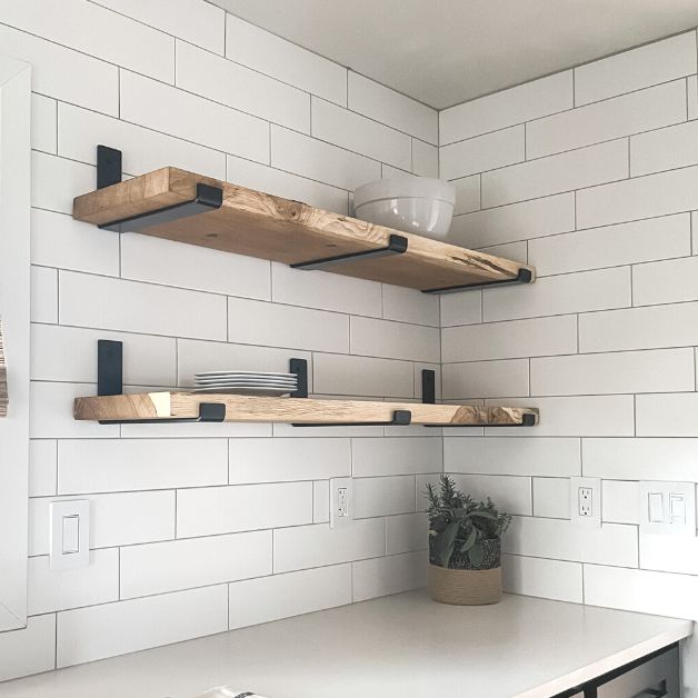 kitchen open shelving with wood shelves and shelf brackets