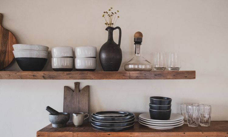 kitchen wood shelving with beautiful serving ware