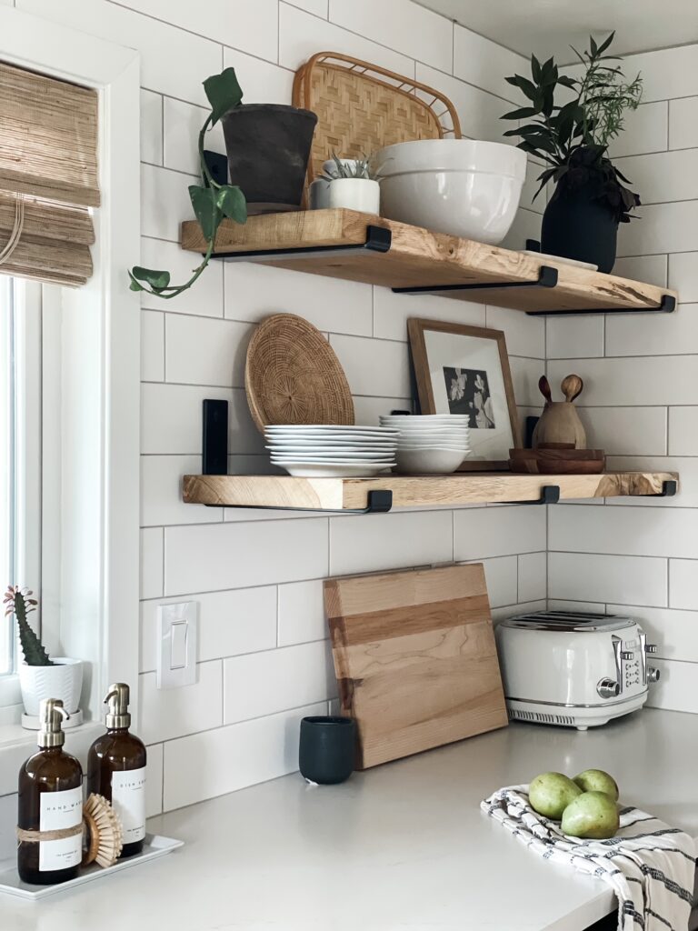 kitchen wood shelves with shelf decor