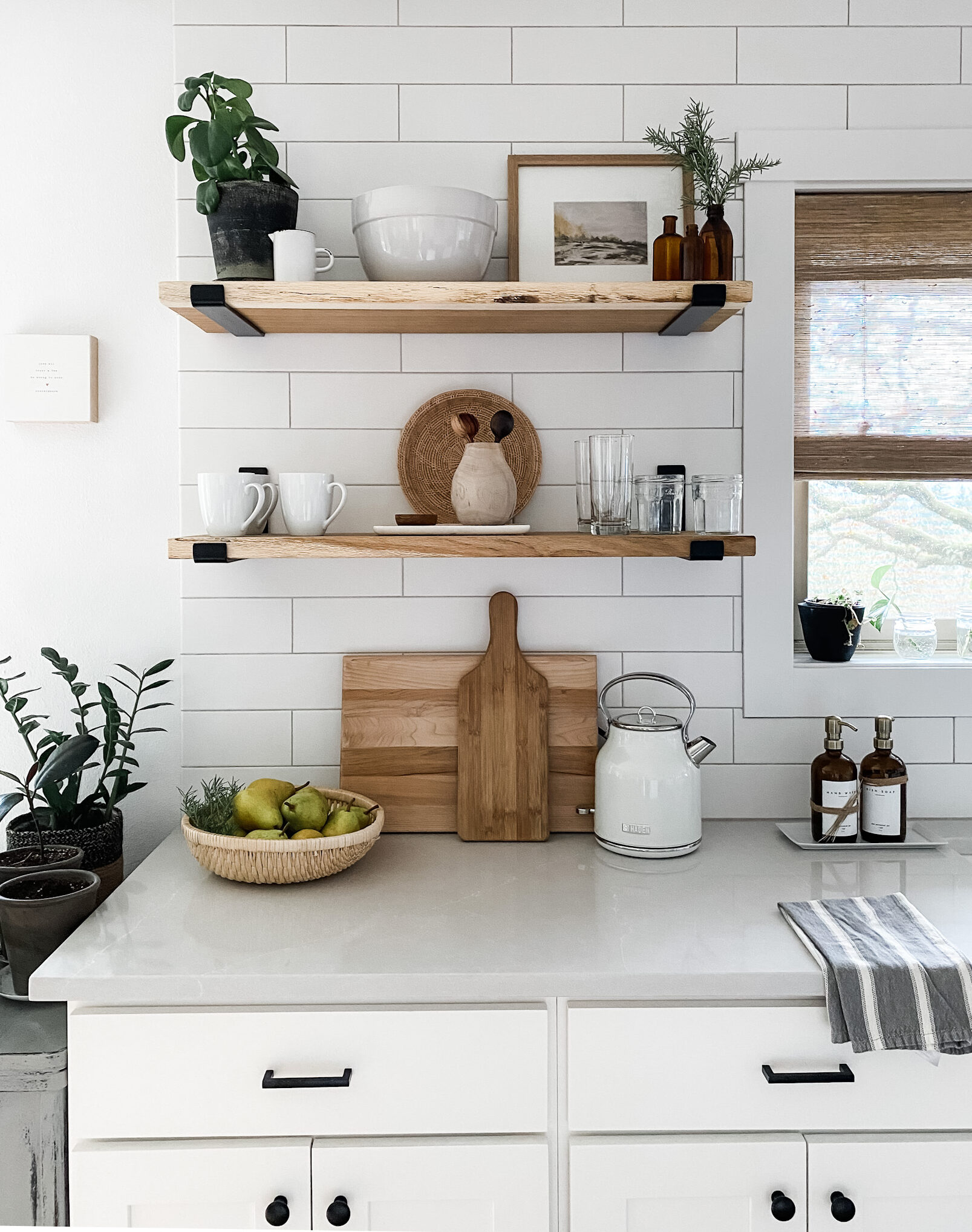 kitchen shelf styling with wood shelves