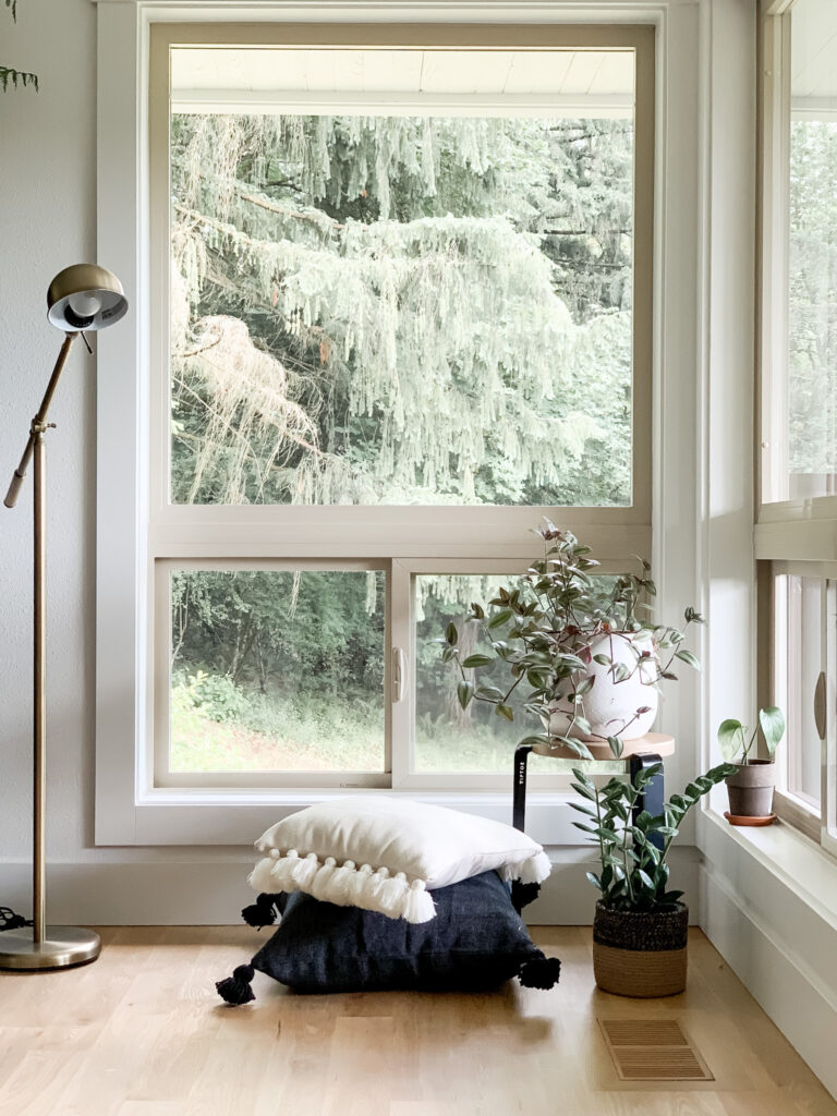 living room window corner styled with pillows and plants