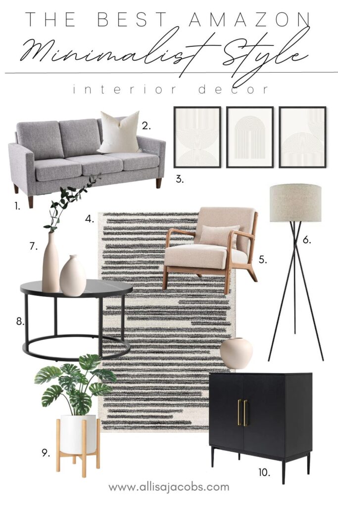 minimalist decor find from amazon including a couch, rug, lamp, cabinet, accent chair
