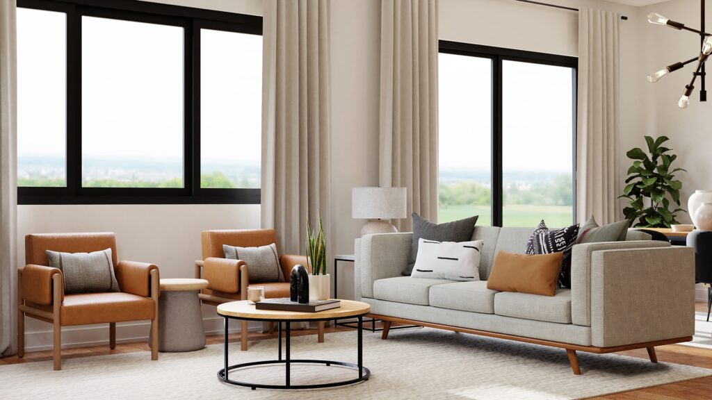 modern neutral living room with round coffee table, gray sofa, and leather chairs