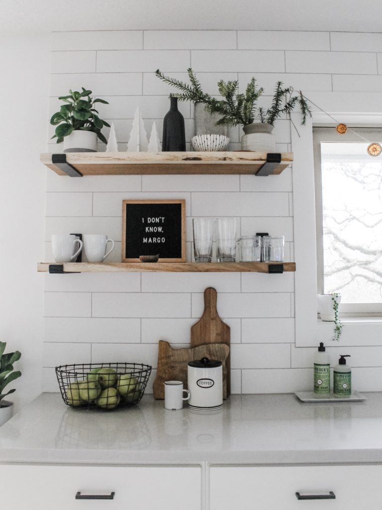 festive wood kitchen shelves styled for Christmas