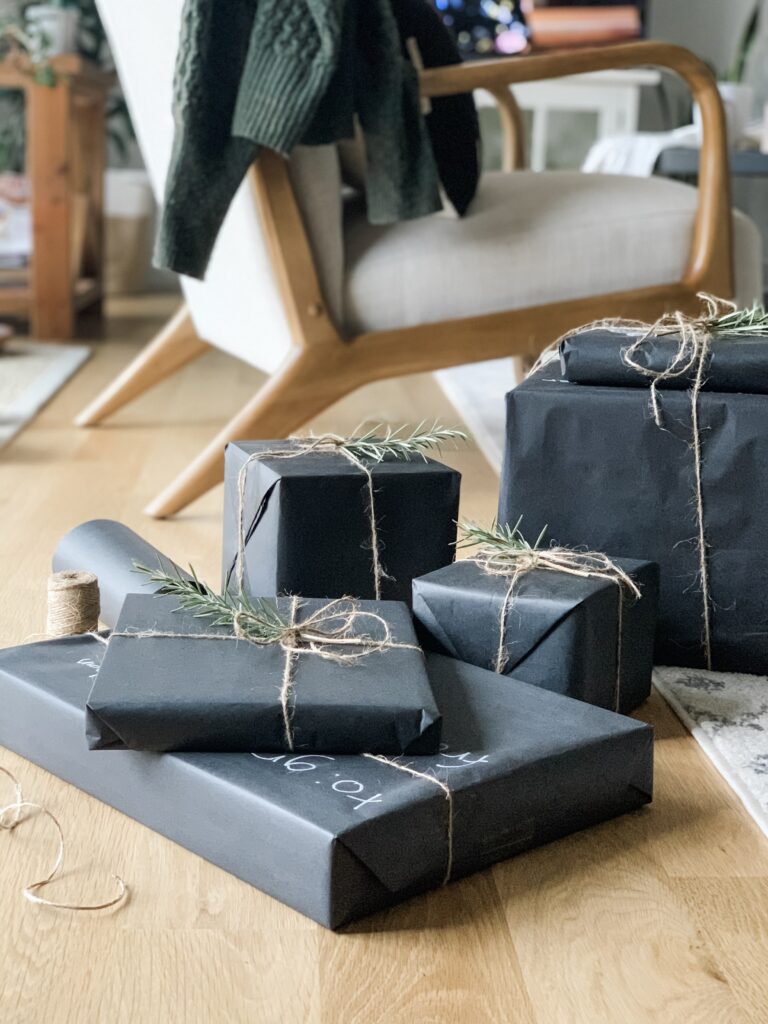 neutral christmas gift wrap with natural elements