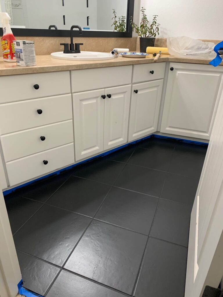 painted bathroom floor with rustoleum floor tile paint kit in black