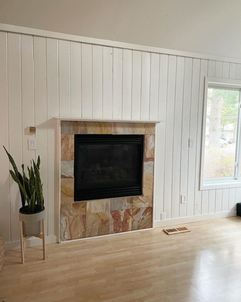 outdated stone fireplace