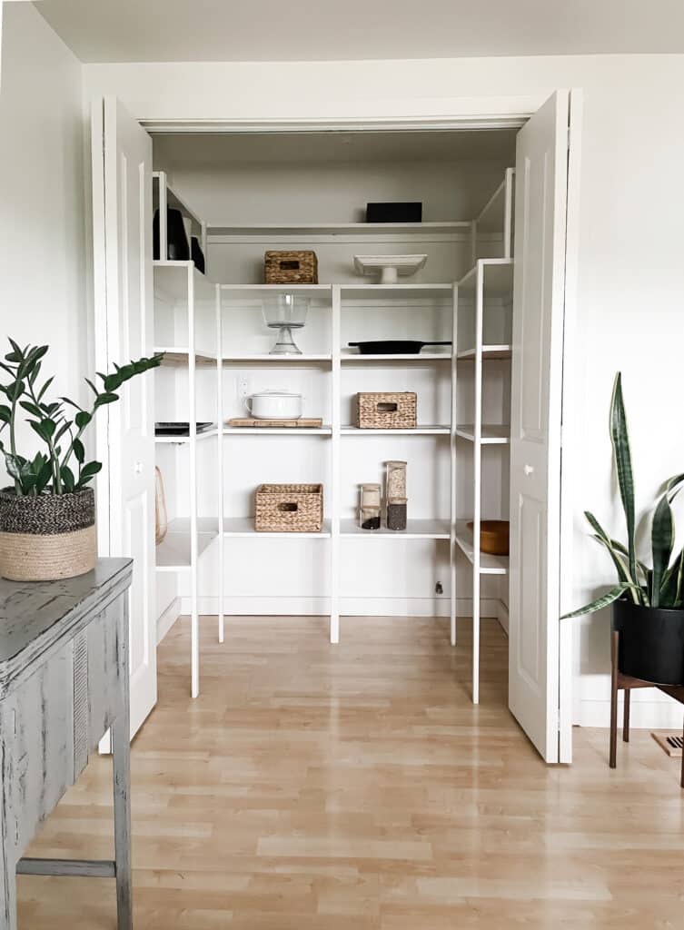 pantry with woven baskets and storage containers