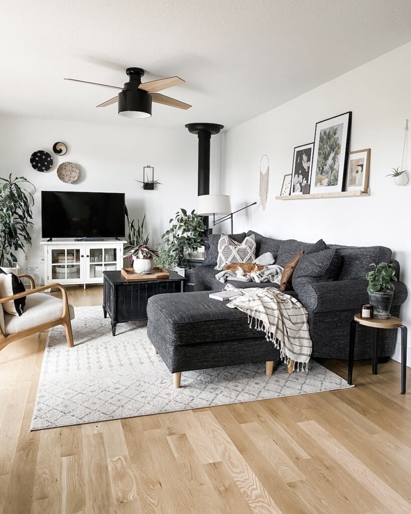 living room with picture ledge
