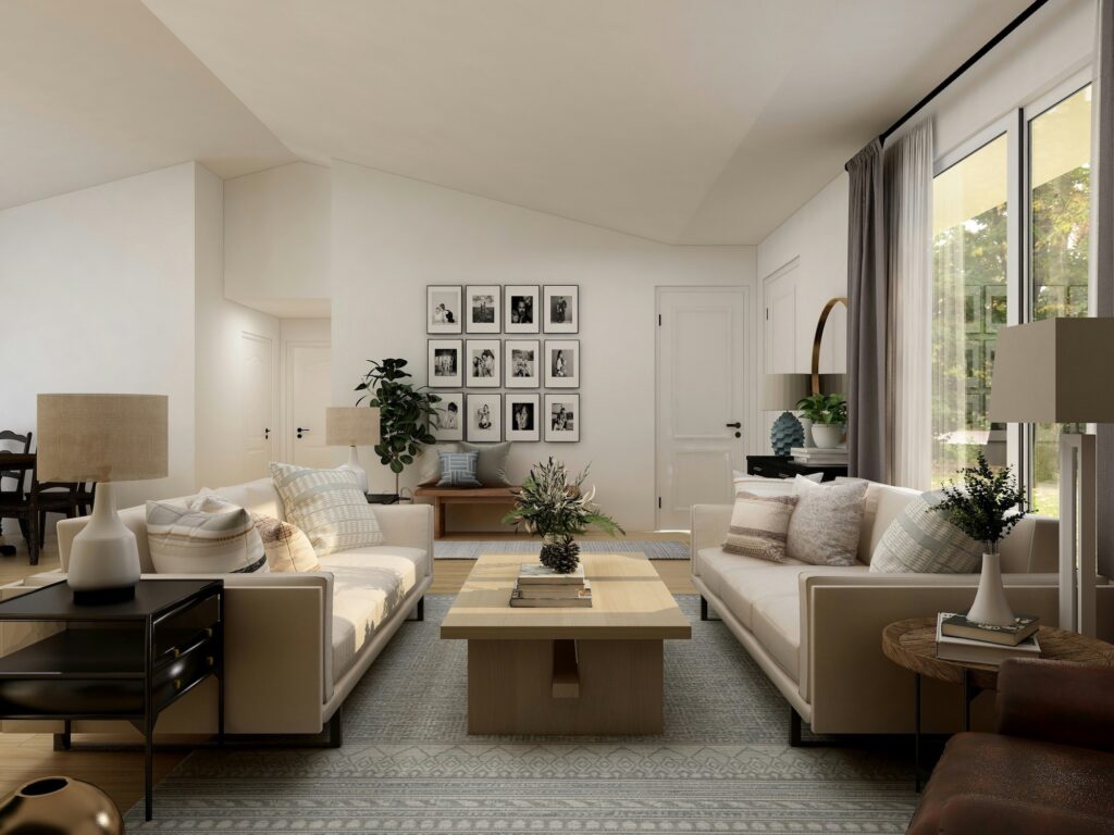 transitional living room with rectangle coffee table