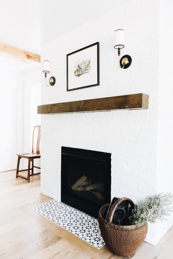 rustic wood beam fireplace mantel