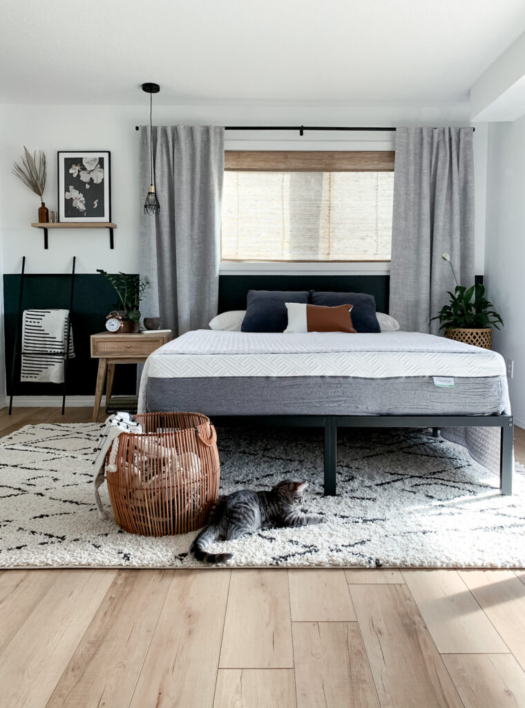 bedroom with rug, window shades, and gray curtains
