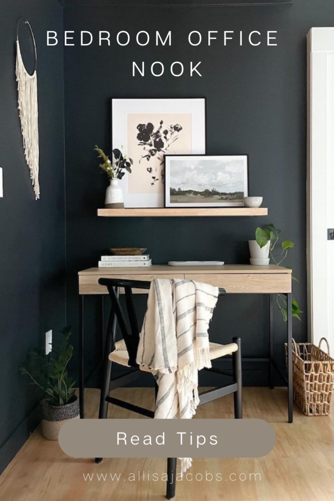 Corner office nook with black accent wall, modern desk, and organic design